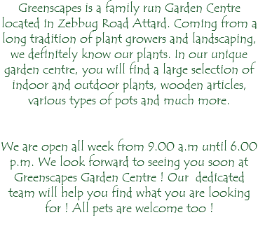 Greenscapes is a family run Garden Centre located in Zebbug Road Attard. Coming from a long tradition of plant growers and landscaping, we definitely know our plants. In our unique garden centre, you will find a large selection of indoor and outdoor plants, wooden articles, various types of pots and much more. We are open all week from 9.00 a.m until 6.00 p.m. We look forward to seeing you soon at Greenscapes Garden Centre ! Our dedicated team will help you find what you are looking for ! All pets are welcome too ! 