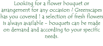 Looking for a flower bouquet or arrangement for any occasion ? Greenscapes has you covered ! a selection of fresh flowers is always available - bouquets can be made on demand and according to your specific needs. 