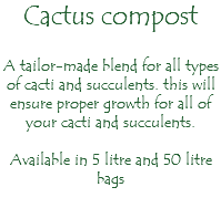 Cactus compost A tailor-made blend for all types of cacti and succulents. this will ensure proper growth for all of your cacti and succulents. Available in 5 litre and 50 litre bags