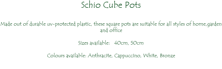 Schio Cube Pots Made out of durable uv-protected plastic, these square pots are suitable for all styles of home,garden and office Sizes available: 40cm, 50cm Colours available: Anthracite, Cappuccino, White, Bronze